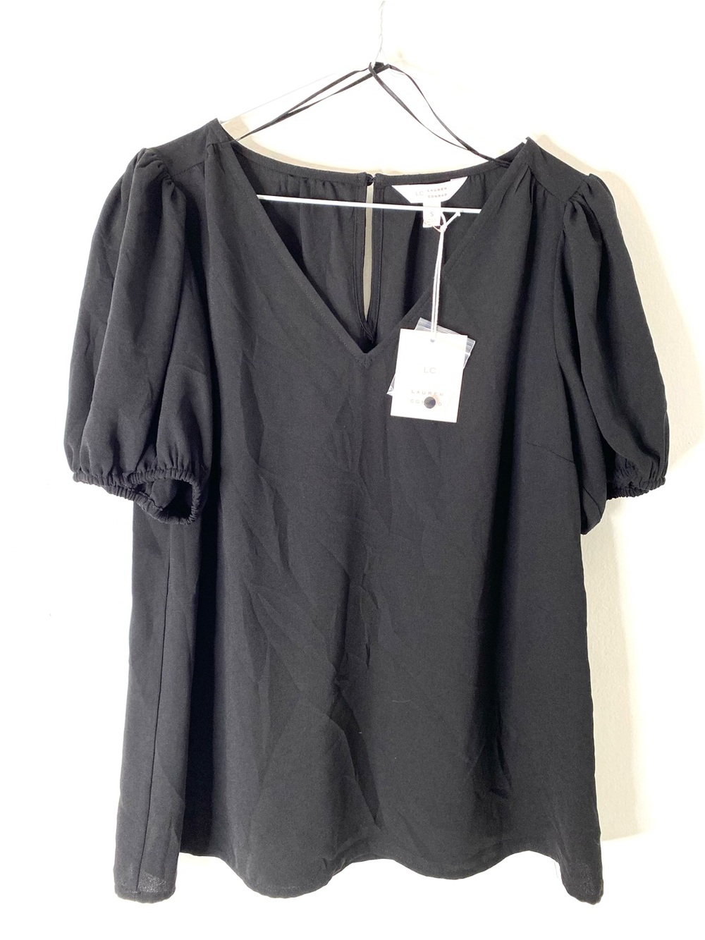 Lauren Conrad Black V Neck Puff Sleeve Top NWT Button Back Keyhole Blouse